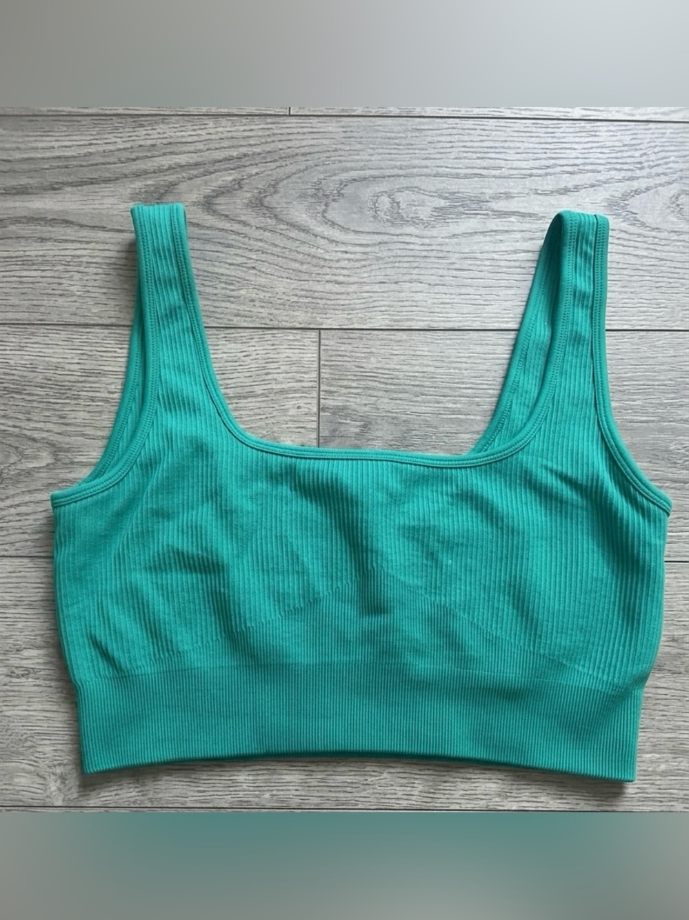 OQQ Teal Ribbed Seamless Square Neck Crop Top Activewear - Size L